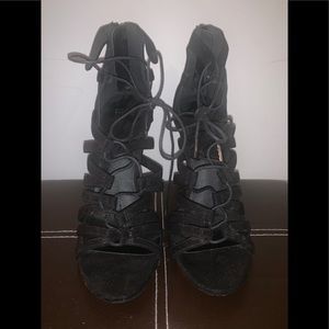 Black lace up suede high heels